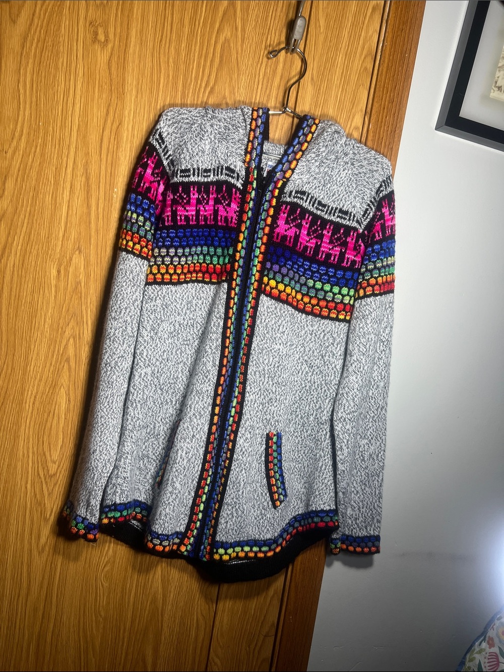 Gray Hooded Knit Cardigan with Multicolor Fair Isle Trim